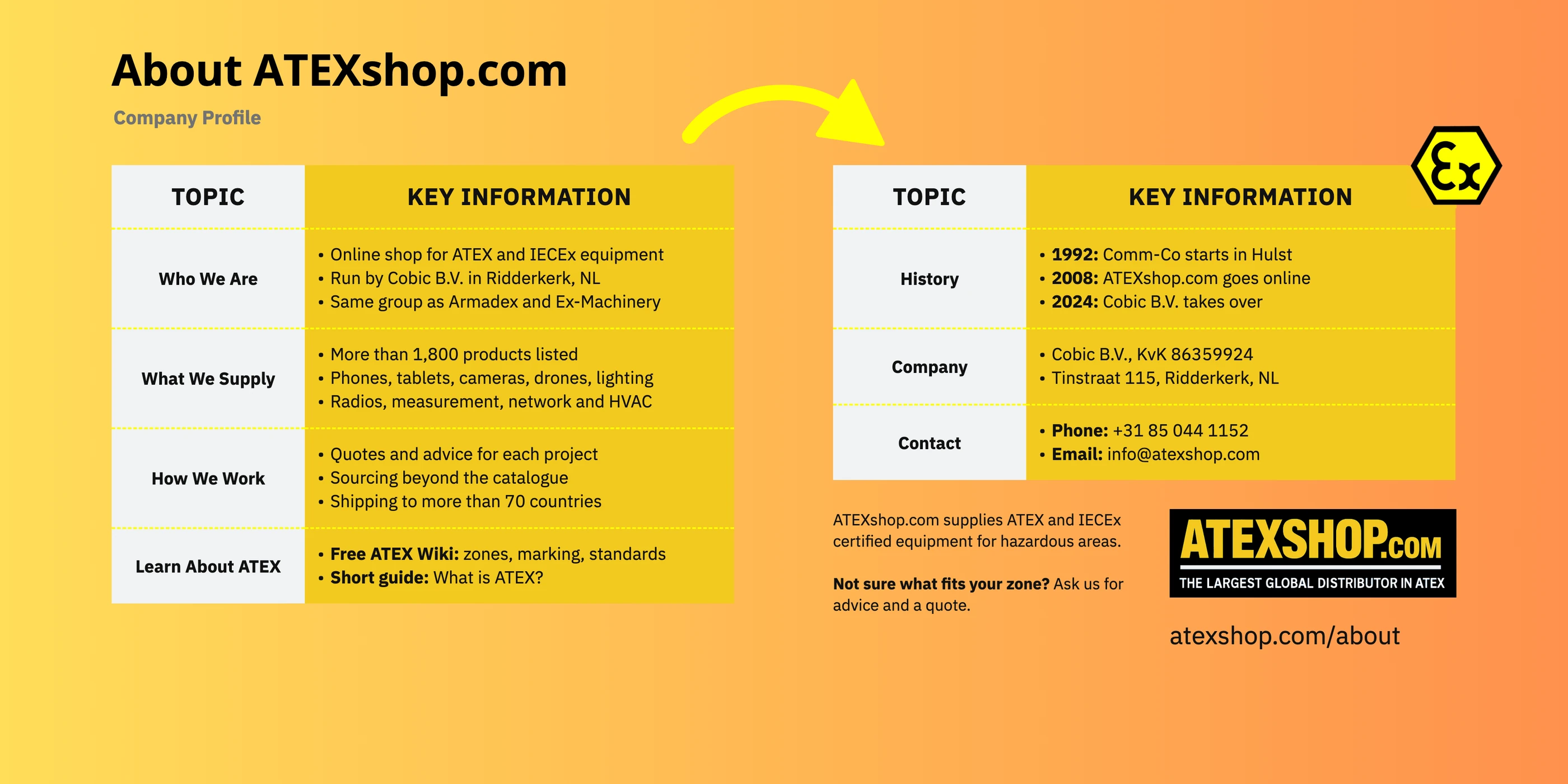 About ATEXshop.com: company profile with who we are, what we supply, how we work, our history and contact details